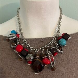 Colorful chunky Beaded Necklace with Silvertone Chain stamped JS Mexican vibe